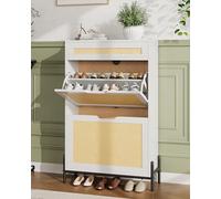 OPULENTHOME - Mueble de zapatos de ratán con 2 puertas y 1 cajón deslizante, armario para zapatos estrechos de madera, contener 18 a 24 pares para pasillo, sala de estar, dormitorio (60 x 102 x 24 cm