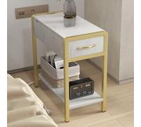 OPULENTHOME - Punta de toldo dorada, mesa auxiliar estrecha con toma integrada, 2 niveles de MDF y metal, cajón + estantes para sala de estar, dormitorio, oficina, diseño moderno