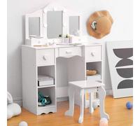 OPULENTHOME Tocador para niñas con espejo de 3 niveles, luz LED y taburete, tocador 2 en 1 de madera, estilo princesa, juego infantil con cajón