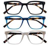 OPULIZE KOI Gafas de Lectura Pack de 3 - Elegante Marco Rectangular Ancho - Negro/Azul/Gris - Hombre Mujer - Bisagras de Muelle - RRR50-137 - +2.00