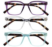 OPULIZE KOI Gafas de Lectura x3 - Marco Rectangular Ancho - Violeta/Turquesa/Transparente - Hombre Mujer - Bisagras de Muelle - RRR50-5CQ - +3.50