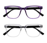OPULIZE LEO Gafas de Lectura - Pack de 2 - Montura Rectangular Grande - Morado, Transparante - Hombre Mujer - Bisagras de Muelle - RR55-5C - +1.00