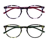 OPULIZE Met Gafas de Lectura Pack de 2 Montura Redonda Morada Verde Carey Resistente a Arañazos Bisagras de Muelle Ordenador Gaming Antirreflejante Hombre Mujer RR60-56 +1.50
