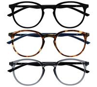 OPULIZE Met Gafas de Lectura Pack de 3 Montura Redonda Negra Marrón Gris Resistente a Arañazos Bisagras de Muelle Ordenador Gaming Antirreflejante Hombre Mujer RRR60-127 +2.50
