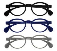 OPULIZE OCA Gafas de Lectura - Pack de 3 - Montura Moderna Retro Redonda - Negro, Azul, Gris - Hombre Mujer - Bisagras de Muelle - RRR54-137 - +1.00