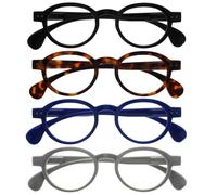 OPULIZE OCA Gafas de Lectura - Pack de 4 - Montura Moderna Retro Redonda - Negro, Marrón, Azul, Gris - Hombre Mujer - Bisagras de Muelle - RRRR54-1237 - +3.50