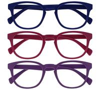 OPULIZE Pop Gafas de Lectura Pack de 3 Redondas Azul, Rosa Fucsia y Violeta Mate Satinado Bisagras con Muelle Resistentes a los Arañazos Hombre Mujer RRR2-345 +3.00