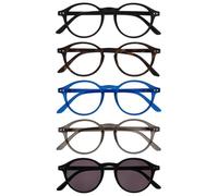 OPULIZE REY Gafas de Lectura + Lectura Solares - Pack de 5 - Montura Redonda - Negro Mate, Marrón, Azul, Gris, Negro - Hombre Mujer - RRRRS56-12371 - +1.50