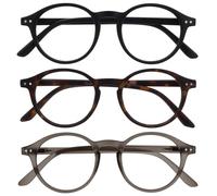 OPULIZE REY Gafas de Lectura - Pack de 3 - Montura Redonda Retro - Negro Mate, Carey Marrón, Gris - Hombre Mujer - Bisagras de Muelle - RRR56-127 - +1.00