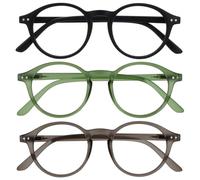 OPULIZE REY Gafas de Lectura - Pack de 3 - Montura Redonda Retro - Negro Mate, Verde, Gris - Hombre Mujer - Bisagras de Muelle - RRR56-167 - +1.50