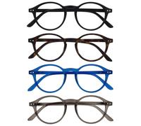 OPULIZE REY Gafas de Lectura - Pack de 4 - Montura Redonda Retro - Negro, Carey Marrón, Azul, Gris - Hombre Mujer - Bisagras de Muelle - RRRR56-1237 - +2.50