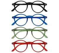 OPULIZE REY Gafas de Lectura - Pack de 4 - Montura Redonda Retro - Negro Mate, Azul, Verde, Rojo - Hombre Mujer - Bisagras de Muelle - RRRR56-136Z - +3.50