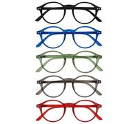 OPULIZE REY Gafas de Lectura - Pack de 5 - Montura Redonda Retro - Negro, Azul, Verde, Gris, Rojo - Hombre Mujer - Bisagras de Muelle - RRRRR56-1367Z - +1.50