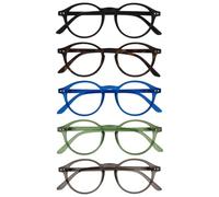 OPULIZE REY Gafas de Lectura - Pack de 5 - Montura Redonda Retro - Negro, Marrón, Azul, Verde, Gris - Hombre Mujer - Bisagras de Muelle - RRRRR56-12367 - +1.50