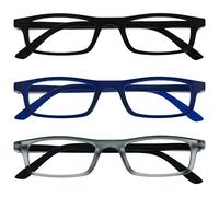 OPULIZE Ted Gafas de Lectura Pack de 3 Estrechas y Ligeras Negro Mate, Azul Marino Mate y Gris Transparente Bisagras con Muelle Resistentes a los Arañazos Hombre Mujer RRR17-137 +3.50
