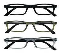 OPULIZE Ted Gafas de Lectura Pack de 3 Estrechas y Ligeras Negro Mate, Khaki Transparente Mate, Gris Transparente Mate Bisagras con Muelle Resistentes a los Arañazos Hombre Mujer RRR17-167 +1.50