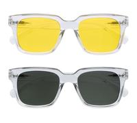 OPULIZERA Sunglasses - Yellow/Green Lens - 2 Pack - Anti-reflective Anti-Glare - Polarised Lenses With UV400 Protection - Oversized Rectangular Frame - Spring Hinges - Clear - Mens Womens