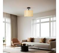 Opviq Elegante chandelier de metal con tapa de bambú, 30 cm de diámetro, 30 cm de altura, casquillo E27, máx. 40 W, diseño elegante de roble y negro para espacios modernos