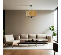 Opviq Elegante chandelier de metal con tapa de bambú, 45 cm de diámetro, altura ajustable, casquillo E27, acabado roble y negro, perfecto para espacios modernos, calificación IP20