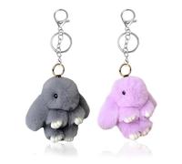 OPVXZAD 2PCS Llavero De Conejo Suave Y Esponjoso,Precioso Colgante Suave Conejo Mullido Bunny Doll Coche Llavero Encanto Keyring Bolso Colgante Decoración Mejor Familias Amigos (Morado y gris)