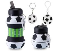 OPVXZAD Botella de Agua Plegable de Silicona,Botella Agua Silicona Diseño Fútbol,550 ml,Sin BPA,Plegable, A Prueba de Fugas,Para Niños y Niñas con Llavero de Fútbol Trofeo (Football)