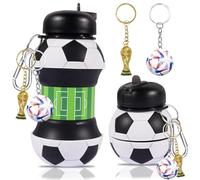 OPVXZAD Botella de Agua Plegable de Silicona,Botella Agua Silicona Diseño Fútbol,550 ml,Sin BPA,Plegable, A Prueba de Fugas,Para Niños y Niñas con Llavero de Fútbol Trofeo