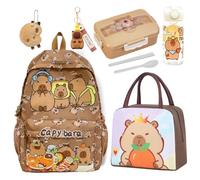 OPVXZAD Capybara Backpack Kids, Capybara Bolsa De Almuerzo Para Niños y Fiambrera Para Niños Con Botella, Mochila Capybara Escolar Schoolbag Capibara Plush & Llaveros Portalápices Regalo para Niños