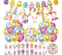 OPVXZAD Conjunto de Decoraciones de Fiesta de Pascua para el Hogar, Kit de 93 Piezas con Temática de Conejo, Conejito y Huevo con Pancarta, Globos, Decoraciones para Tartas y Suministros de Regalo