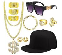 OPVXZAD Disfraz de hip hop de los años 80 y 90, kit de 11 piezas, gorra de béisbol, pulsera de cadena de dinero de oro falso, collar con signo de dólar, anillos falsos, gafas hippie, aretes
