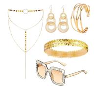 OPVXZAD Disfraz Disco Accesorios Mujer, Accesorios Hippie Costume Set, Disfraces de Fiesta Disco, Diadema Brillante Anteojos de Sol Collar Pendientes para Fiesta de Carnaval (Oro)