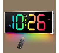 OQIMAX Reloj Digital de Pared, 12'' LED Reloj Digital de Gran Pantalla, Control Remoto, 14 Luces Ambientales RGB, Brillo Automático, Control Remoto, con Fecha, Temperatura, 12/24H, Calendario, DST