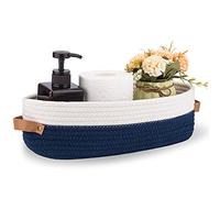 Oradrem Cesta de inodoro, cesta de almacenamiento tejida para tanque de inodoro, decoración del hogar, cestas organizadoras de 13 x 5.9 x 4 pulgadas, costuras azul marino, blanco