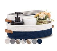 Oradrem Juego de 2 cestas de inodoro, cestas de almacenamiento tejidas para tanque de inodoro, decoración del hogar, cestas organizadoras de 13 x 5.9 x 4 pulgadas, costuras azul marino, blanco