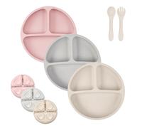 ORAGKE Set de 5 Platos Bebe con Ventosa y Divisor, Vajilla Bebe Silicona sin BPA incl. Plato Bebe Ventosa & Cubiertos Bebe, Tenedor y Cuchara Bebe Aprendizaj BLW, Apto Lavavajillas (Rosa/Beige/Gris)