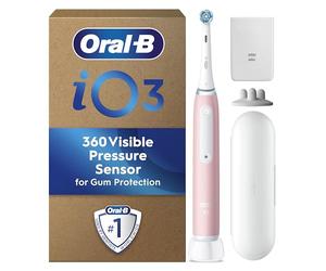 Oral-B Cepillo de dientes eléctrico iO 3 Blush Pink Ultimate Clean, 1 soporte de recarga, 1 bolsa de cargador, 1 funda de viaje, diseñado por Braun