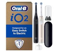 Oral-B Cepillos de dientes eléctricos iO2 Duo, 2 cabezales de cepillo de dientes de cuidado suave, 1 funda de viaje, 1 soporte de recambio de viaje, cepillo de dientes Oral B para adultos (negro