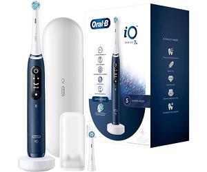 Oral-B iO Series 7 Brosse à dents électrique 2 brosses à dents 5 modos de brossage pour soins dentaires, technologie magnétique, affichage et étui de voyage, conçu par marron, bleu saphir