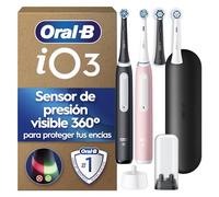 Oral-B iO3 Pack De 2 Cepillos De Dientes Eléctricos Negro Y Rosa Con 4 Cabezales, Estuche De Viaje y Soporte Para Cabezal, 3 Modos De Cepillado, Sensor De Presión y Temporizador, Cepillo Dental Oral B