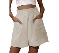 ORANDESIGNE Bermudas Moda Mujer Pantalones Cortos de Cintura Elástica Shorts de Algodón y Lino Shorts Casuales Oversize Color Sólido Pantalones Rectos Pantalones de Pierna Ancha A Beige XS