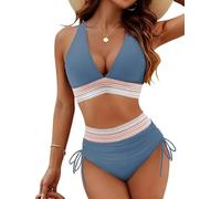 ORANDESIGNE Bikini Mujer Dos Piezas Push Up Bikini Braga Alta Bikinis Talle Alto Cuello En V Traje De Baño 2 Piezas Talla Grande A Azul 01 XL