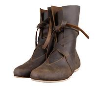 ORANDESIGNE Botas Medievales de Cuero PU Retro Mujeres Hombres Caballero Pirata Disfraz Tobillo Corto Botas de Fondo Plano Zapatos de Vendaje Gótico para Cosplay Fiesta de Carnaval A Marrón 42 EU