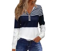ORANDESIGNE Camisetas Mujer Otoño de Cuello en Pico Casual Camiseta Manga Larga Camiseta Camisa Moda Estampada Vintage T-Shirt Informal Suelto Camiseta Holgada Pullover Tops C Marino M