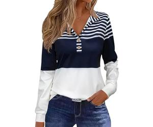 ORANDESIGNE Camisetas Mujer Otoño de Cuello en Pico Casual Camiseta Manga Larga Camiseta Camisa Moda Estampada Vintage T-Shirt Informal Suelto Camiseta Holgada Pullover Tops C Marino M