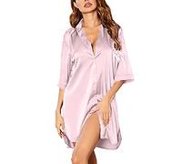 ORANDESIGNE Camisón Sexy Mujer Satén Sin Mangas Camisones Verano Suave Ropa de Dormir Camisón Botones Manga 3/4 Cómoda Camisón Largo A Rosa S