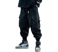 ORANDESIGNE Hombre Pantalones Cargo de Hip Hop Casuales Hebilla Correas Pantalones Techwear con Múltiples Bolsillos Niños Streetwear D Negro M