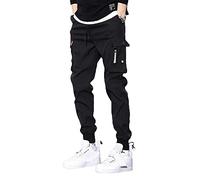 ORANDESIGNE Hombre Pantalones Cargo de Hip Hop Casuales Hebilla Correas Pantalones Techwear con Múltiples Bolsillos Niños Streetwear F Negro XXL