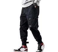 ORANDESIGNE Hombre Pantalones Cargo de Hip Hop Casuales Hebilla Correas Pantalones Techwear con Múltiples Bolsillos Niños Streetwear G Negro M