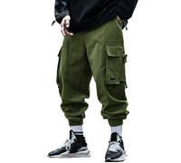 ORANDESIGNE Hombre Pantalones Cargo de Hip Hop Casuales Hebilla Correas Pantalones Techwear con Múltiples Bolsillos Niños Streetwear D Ejercito Verde L