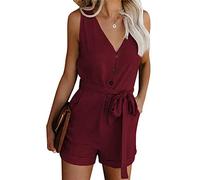 ORANDESIGNE Monos Mujer Verano Petos Elegante Pantalones Cortos Monos Cortos Vestir Trabajos Mono sin Mangas Casual Cuello En V Camisa Jumpsuit A Vino Rojo XXL