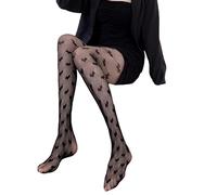 ORANDESIGNE Mujer Medias de Red de Cintura Alta Medias Delgadas Negras Semi Transparente Señoras Pantimedias con Patrón Harajuku Floral Striped Patterned Lace Tights X Negro Talla única